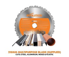 Evolution Power Tools kombinuota skersavimo pjūklas 1200 W 210 mm, R210CMS modelis, pjovimo kampai 45°, komplekte TCT diskas