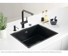 Po stalviršiu montuojama granitinė plautuvė Franke Maris, MRG 110-52, Juoda matinė, juodas rankinis ventilis