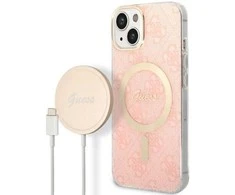 Apple iPhone 14 Plus Guess dėklas 4G Print MagSafe + Belaidis Įkroviklis (GUBPP13LH4EACSW) rožinės spalvos