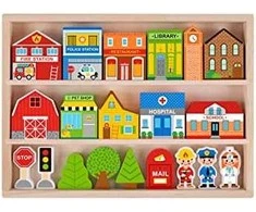 Tooky Toys Paimtas žaislinis medinis pastatų komplektas ir „Figurines City“