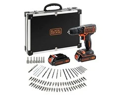 Akumuliatorinis gręžtuvas-suktuvas Black &amp; Decker BDCDC18BAFC + 2x1.5Ah + antgalių rinkinys