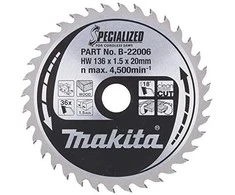 Makita T.C.T. pjūklas SPECIALIZED 136X1.5X20mm 18° T36 B-22006 T.C.T • 136 x20 mm • T36 • 18° • Medienai