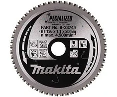 Makita T.C.T. pjūklas SPECIALIZED 136X1.1X20mm 0° T56 B-33744 T.C.T • 136 x20 mm • T56 • 0° • Metalui/Nerūd. plienui