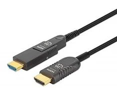 MANHATTAN aktyvus didelės spartos HDMI šviesolaidinis kabelis su nuimama jungtimi 4K@60Hz UHD, HDMI kištukas į Micro HDMI kištuką (D tipo) ir nuimama HDMI kištukė (A tipo), 50 m, HEC, ARC, paauksuoti kontaktai (355537)