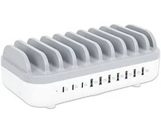 Manhattan įkrovimo stotis, 10x prievadų: 3x USB-C (iki 18W PD) ir 7x USB-A (iki 12W), 120W bendra išvestis, Baltas/Pilkas, Trejų metų garantija, dėžutė