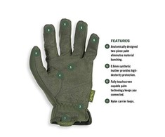 Mechanix Wear Pirštinės Mechanix FastFit® Olive Drab, žalios XL dydis. Rauktas rankogalis, dirbtinė oda, TrekDry®