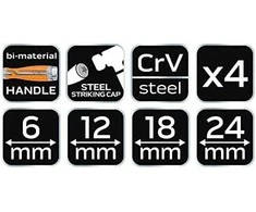 Dłuta Kaltų rinkinys: 6, 12, 18, 24, 4 vnt. Dviejų komponentų rankena. Supakuota dėžutėje.