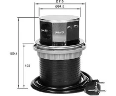 Orno Lizdas Baldinis lizdas Ø10cm, ištraukiamas iš stalviršio, su USB įkrovikliu ir 1,5m laidu, 3x2P+Z, 2xUSB, INOX, schuko