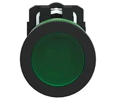 Schneider Electric Harmony XB5 plokščias plastikinis mygtukas. žalias fi30 sklandus objektyvas integruotas LED 230…240 V AC XB5FVM3