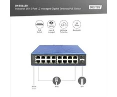 Šakotuvas Digitus Industrieller 16+2-Port L2 managed Gigabit Ethernet PoE, Switch