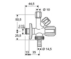 Kampinis ventilis Schell, 1/2'' x 3/8'' x 3/4'' kombinuotas