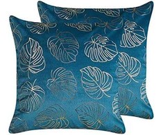 Beliani Lumarko 2 Veliūrinės dekoratyvinės pagalvės su lapeliais 45 X 45 cm Mėlyna Monstera!