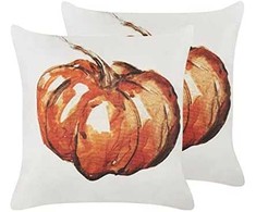 Beliani Lumarko 2 Veliūrinės dekoratyvinės pagalvės su moliūgo motyvu 45 x 45 cm smėlio spalvos su oranžine Curbita!