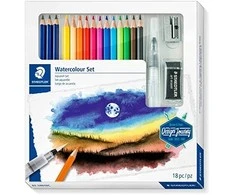 Kūrybinis rinkinys STAEDTLER 146 10C, 12 spalvotų pieštukų + 3 grafitiniai pieštukai, vandens teptukas, drožtukas