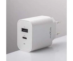 Maxlife MXTC-06-30AC PD QC įkroviklis 1x USB-C 1x USB 30W baltos spalvos + USB-C - USB-C kabelis 60W
