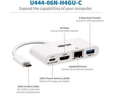 Tripp Lite USB-C dokas U444-06N-H4GU-C Single Ekranas/1xHDMI/iki sngle 4K/1xUSB 3.2/palaikymas PD 60W/Baltas/Maitinimo šaltinis neįtrauktas