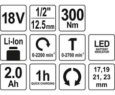 YATO smūginis veržliasukis YT-82804 18V 1/2 300Nm 1x2,0Ah LI-ION