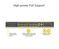 Šakotuvas ZYXEL GS1920-24HPV2, 28 prievadų išmanusis valdomas POE komutatorius, 24 gigabitų vario POE ir 4 gigabitų dviejų asmenų, hibridinis režimas, autonominis arba „Nebulaflex“ debesis, 375 vatų POE (5 metų garantija)