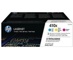 Hewlett Packard (HP) HP 410X 3 pakuočių didelio našumo žalsvai mėlynos spalvos / rausvai raudonos spalvos / geltonos originalios LaserJet dažų kasetės