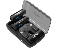 BOYA belaidis mikrofonas, „viskas viename“, 2,4 GHz, 1 imtuvas ir 2 siųstuvai, itin ilgas baterijos veikimo laikas, Juodas EU