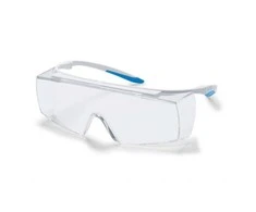 Apsauginiai akiniai Uvex Super F OTG CR (autoklavuojami) skaidria panoramine linze, supravision excellence (nesibraižantys iš išorės, nerasojantys iš vidaus) padengimas, baltos/šv. mėlynos kojelės