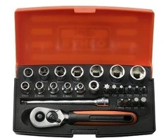 Galvučių, terkšlės ir priedų rinkinukas 4-13mm, antgaliai PH,HEX,TORX 1/4" 25vnt blisteryje. Bahco