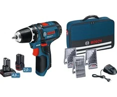  Akumuliatorinis gręžtuvas-suktuvas Bosch GSR 12V-15, 1x2.0Ah, 1x4.0Ah + 39 priedai