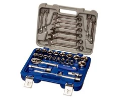 Galvučių 8-32mm, priedų ir kombinuotų raktų rinkinys 8-19mm 1/2" 33 vnt Irimo