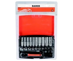 Galvučių, terkšlės ir priedų rinkinukas 4-13mm, antgaliai PH,HEX,TORX 1/4" 37vnt blisteryje. Bahco
