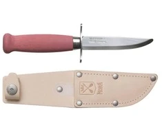 Vaikiškas peilis Morakniv Scout 39 Safe, odinis dėklas, dviguba pirštų apsauga, spalva bordinė