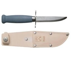 Vaikiškas peilis Morakniv Scout 39 Safe, odinis dėklas, dviguba pirštų apsauga, spalva mėlyna