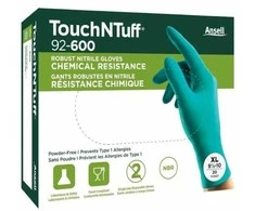 Vienkartinės nitrilinės pirštinės Ansell TouchNTuff 92-600, 0,12mm storio, XL (9,5-10), lygus delnas, žalios, 20 vnt dėžutė