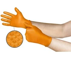 Vienkartinės nitrilinės pirštinės Ansell Microflex Mega Grip 93-256, 100vnt, 0,13mm storio, 275mm ilgio, L dydis (8,5-9), tekstūruoti pirštai, ORANŽINĖS