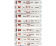100 V poliesterio plėvelės kondensatorių rinkinys – justPi – 100 vnt, + organizatorius