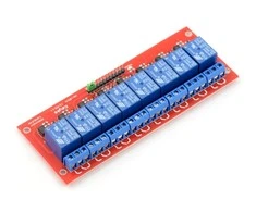 Oem 8 kanalų relės modulis su optoizoliacija - 10A / 250VAC kontaktai - 12V ritė - raudona