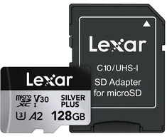 Pamięci Lexar High Performance Sidabrinis Plus Micro SDXC 128GB + adapteris