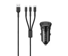 Automobilinis įkroviklis 2x USB, Remax RCC236, 2.4A (juodas) + 3 viename laidas