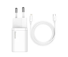 Baseus Sieninis įkroviklis Super Si 20W USB-C QC3.0 PD su Lightning 1m laidu, baltas
