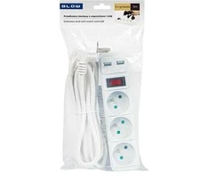 Blow PR-370WSP/USB 3 lizdų maitinimo prailgintuvas + USB su įžeminimu + jungikliu 3x1.5mm 3m baltas