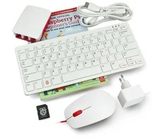 Desktop Kit oficialus rinkinys su korpusu, raudona ir balta klaviatūra ir pele Raspberry Pi 5