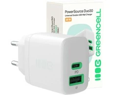 Green Cell Žalias Cell Greencell PowerSource Duo30 įkroviklis USB/USB-C baltas maitinimo adapteris 30W maitinimo tiekimas