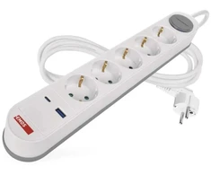 Ilgiklis 5 lizdų 3m su jungikliu 1.5 mm2 1×USB-A + 1×USB-C baltas EMOS