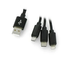Maxlife Nylon 3in1 USB laidas A tipas - microUSB + Lightning + USB tipas C - juodas - 1m