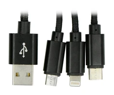 Maxlife Nylon 3in1 USB laidas A tipas - microUSB + Lightning + USB tipas C - juodas - 1m