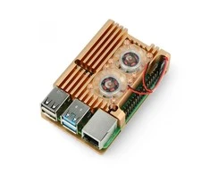 Oem Raspberry Pi 4B aliumininis radiatorius su dviem ventiliatoriais - dėžutė auksinės spalvos