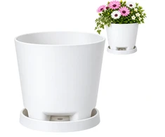 Oliz 19.5 cm baltas plastikinis gėlių vazonas su drenažo skylėmis ir