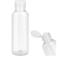 Skaidrus 100 ml kelioninis matavimo butelis su plokštumos gradacija