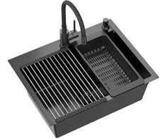 Quadron Virtuvės plautuvė su sifonu, 1 dubuo b/o + Qmat + įdėklas + dozatorius + medinė lenta + maišytuvas s