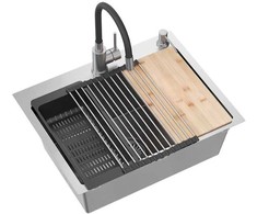 Quadron Virtuvės plautuvė su sifonu, 1 dubuo b/o + Qmat + įdėklas + dozatorius + medinė lenta + maišytuvas s