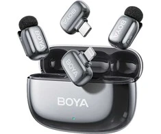 BOYA belaidis mikrofonas „Mini 2-01“ 2,4 GHz, su dirbtinio intelekto valdomu triukšmo slopinimu, 2 siųstuvais ir 2 imtuvais („Type-C“ ir „Lightning“), pilkos spalvos, ES